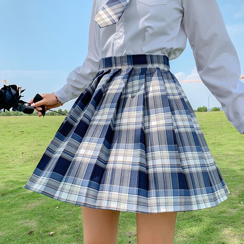Sommer Frauen JK Röcke Hohe Taille Mädchen Faltenrock Japanischen Stil Damen Süße Plaid Mini Kleid XL dunkelblaue von Joom DACH