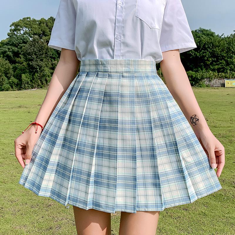 Sommer Frauen JK Röcke Hohe Taille Mädchen Faltenrock Japanischen Stil Damen Süße Plaid Mini Kleid XS hellblaue von Joom DACH