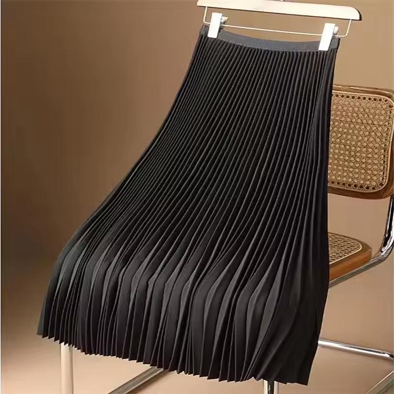 Sommer Frauen Midi Plissee Röcke Elastische Hohe Taille Satin Plain Rock One Size schwarz von Joom DACH