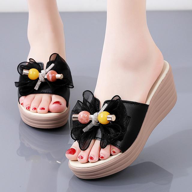 Sommer Frauen Peep Toe High Wedges Sandalen Leder Hausschuhe Plateauschuhe Casual Damen Outdoor Strand Slides Sandalias 36 schwarz von Joom DACH
