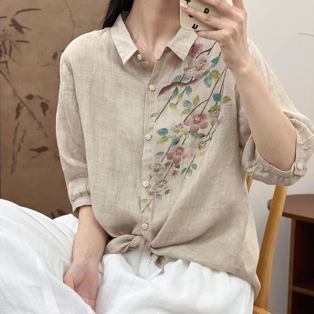 Sommer Frauen Print Bluse Shirt Leinen Langarm T-shirt Mode Muster Grün Tops Tees Shirt Lose Casual Weiß One Size von Joom DACH