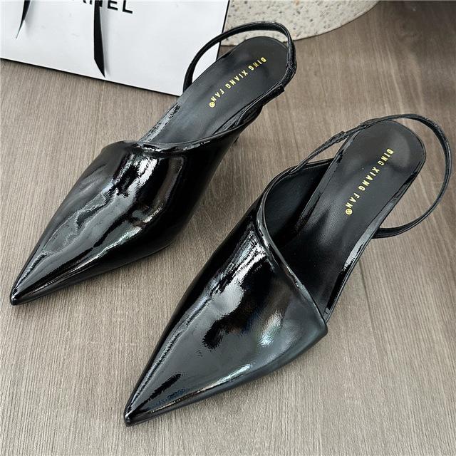 Sommer Frauen Rutschen 8cm High Heels Dame Glänzend Leder Slingback Pantoletten Neon Gelb Rot Hausschuhe Hochzeit Spitz Party Schuhe 35 schwarz von Joom DACH
