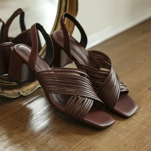 Sommer Frauen Schuhe Aus Echtem Leder High Heel Sandalen Für Frauen Casual Solide Retro Gladiator 40 braun von Joom DACH