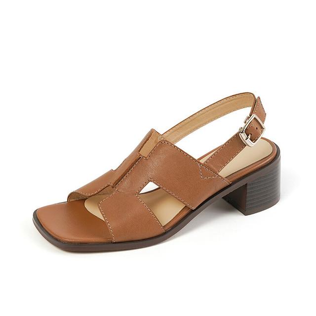Sommer Frauen Schuhe Square Toe Blockabsatz Frauen Sandalen High Heels Damen Schuhe Casual Lederschuhe Frauen echtes Leder 34 braun von Joom DACH