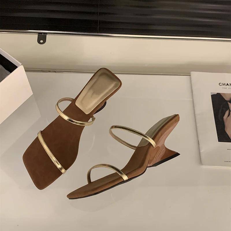 Sommer Frauen Slipper Mode Elegante Schmale Band Dicke Ferse Folien Damen Elegante Party Kleid Sandalen Schuhe 35 gold von Joom DACH