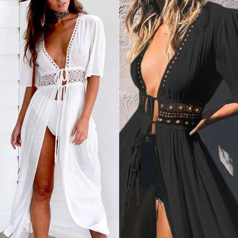 Sommer Frauen Strand Kleid Weibliche Solide Bikini Abdeckung Ups Kurzarm V-ausschnitt Weiß Pareo Kleid Tragen Bademode Plus Größe XXL schwarz von Joom DACH