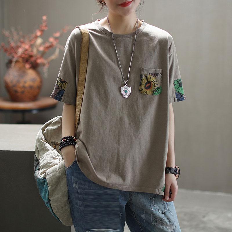 Sommer Frauen T-Shirt Baumwolle T-Shirt Mode Blumendruck Patchwork Tops Tees Home Wear Shirt lose lässig XL hellbraun von Joom DACH