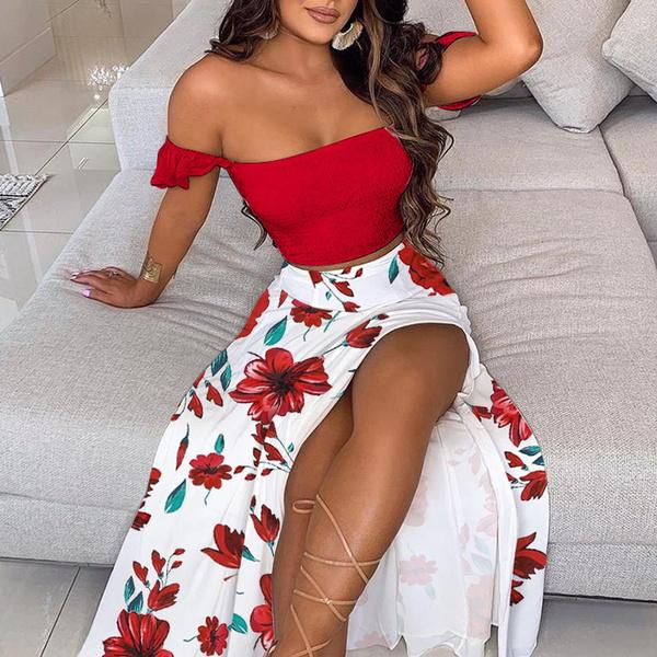 Sommer Frauen Zwei Stücke Sets Mode Elegant Off Schulter Cropped Top & Split Mini Rock Anzug M rot von Joom DACH