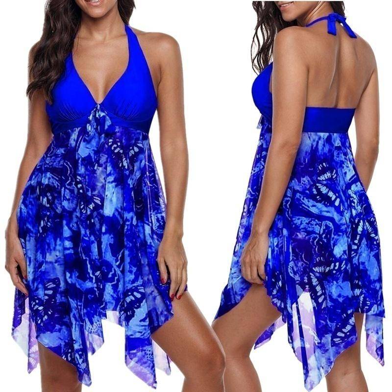 Sommer-Frauen-zweiteiliger Rock-Badeanzug, Strandkleidung, Übergröße, übergroß, bedruckt, mit Seide besetzt, atmungsaktiv, mit Schnürung L navy blau von Joom DACH