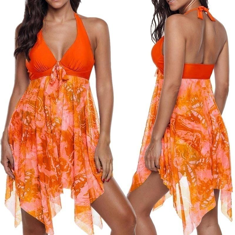Sommer-Frauen-zweiteiliger Rock-Badeanzug, Strandkleidung, Übergröße, übergroß, bedruckt, mit Seide besetzt, atmungsaktiv, mit Schnürung L orange von Joom DACH
