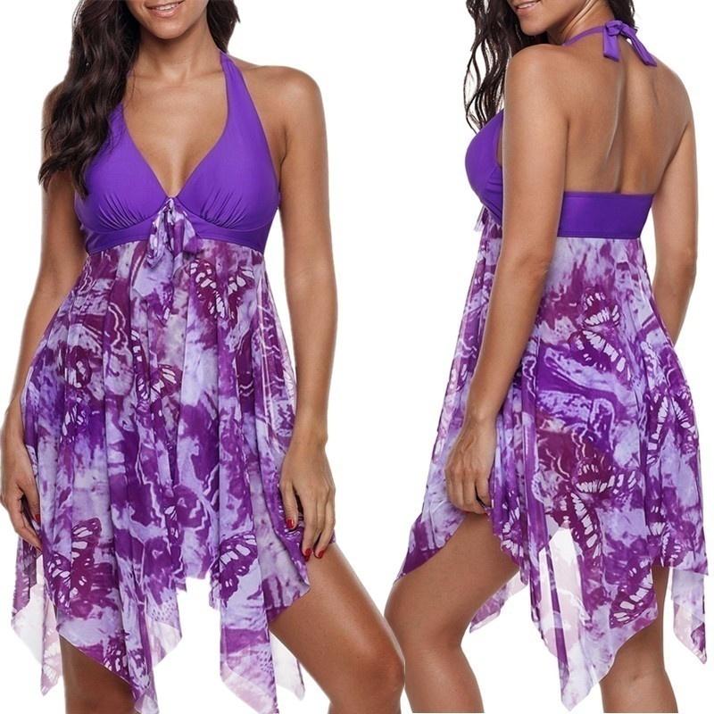 Sommer-Frauen-zweiteiliger Rock-Badeanzug, Strandkleidung, Übergröße, übergroß, bedruckt, mit Seide besetzt, atmungsaktiv, mit Schnürung S violett von Joom DACH