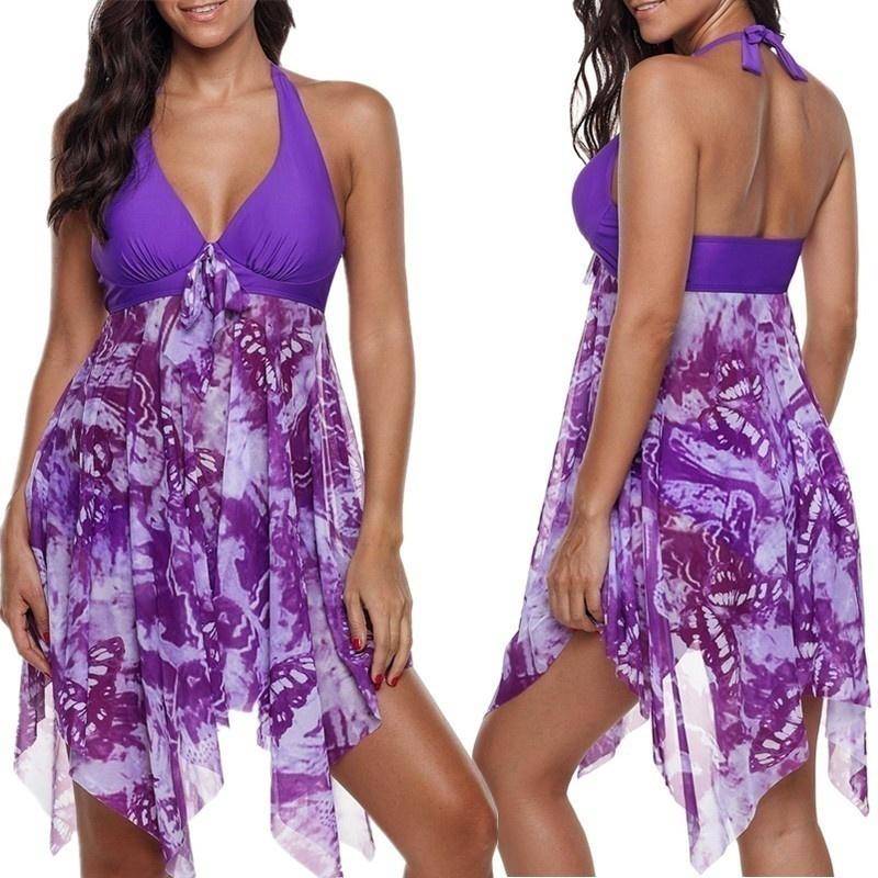 Sommer-Frauen-zweiteiliger Rock-Badeanzug, Strandkleidung, Übergröße, übergroß, bedruckt, mit Seide besetzt, atmungsaktiv, mit Schnürung S violett von Joom DACH