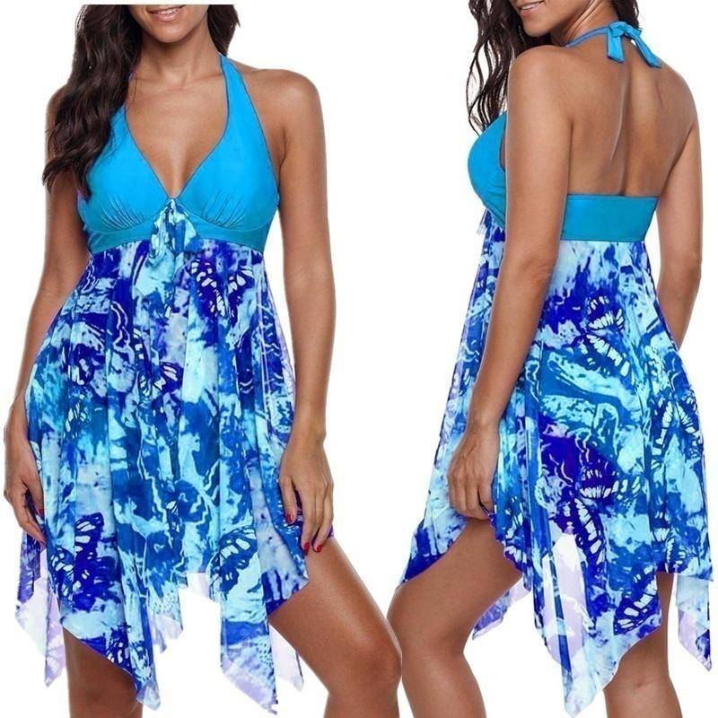 Sommer-Frauen-zweiteiliger Rock-Badeanzug, Strandkleidung, Übergröße, übergroß, bedruckt, mit Seide besetzt, atmungsaktiv, mit Schnürung XXXXL blau von Joom DACH