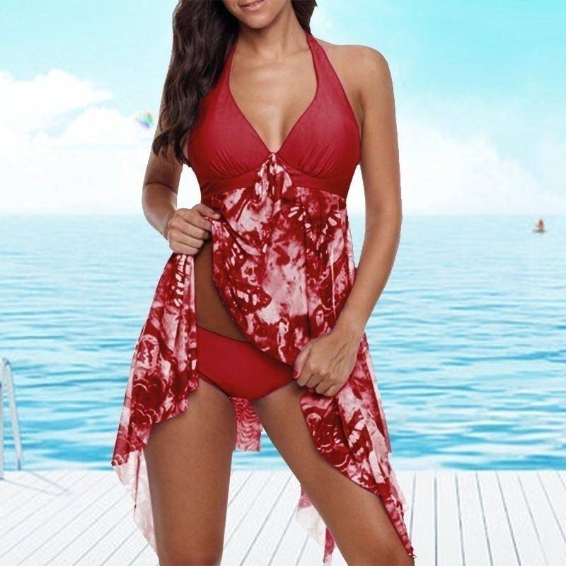 Sommer-Frauen-zweiteiliger Rock-Badeanzug, Strandkleidung, Übergröße, übergroß, bedruckt, mit Seide besetzt, atmungsaktiv, mit Schnürung XXXXL rot von Joom DACH