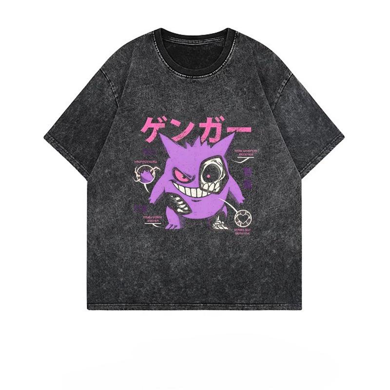 Sommer Gengar Pokemon Anime Herren T-Shirt Druck Vintage Gewaschen Kurzarm T-Shirt Damen Oversized Gym Y2k Kleidung L von Joom DACH