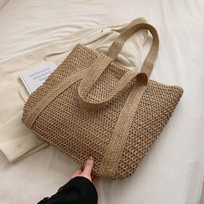Sommer Gewebt Schulter Tasche Frauen Strand Tasche Weibliche Stroh Gestrickte Handgemachte Große Kapazität Handtasche Geldbeutel Reisetasche Quaste Shopper Tote kaffeebraun von Joom DACH