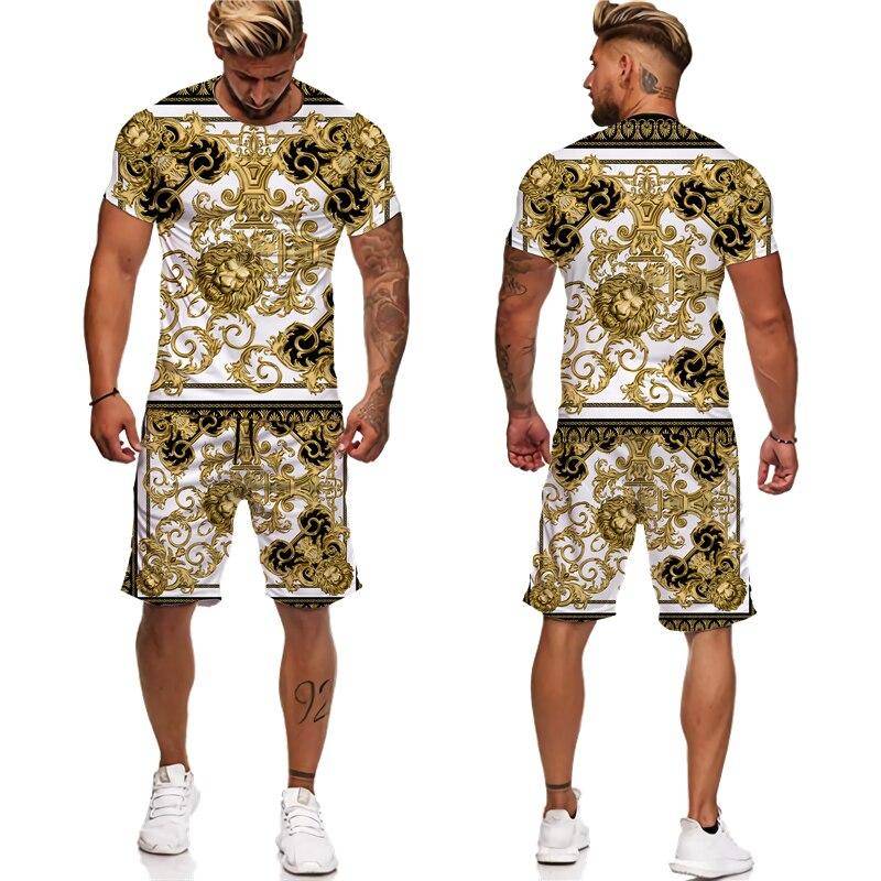 Sommer Goldene Muster 3D Gedruckt männer Zwei Stück Set Trainingsanzug Barock Stil T-Shirts + Shorts Anzug Hipster Streetwear Kleidung 3XL von Joom DACH