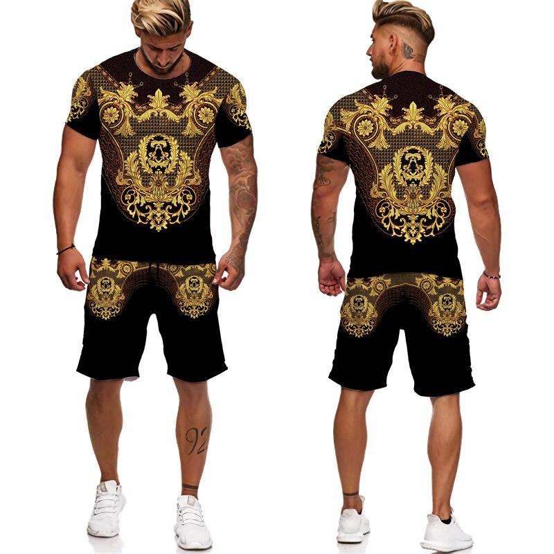 Sommer Goldene Muster 3D Gedruckt männer Zwei Stück Set Trainingsanzug Barock Stil T-Shirts + Shorts Anzug Hipster Streetwear Kleidung 6XL von Joom DACH