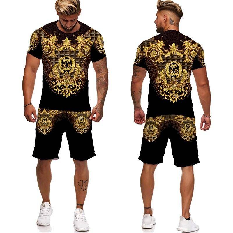 Sommer Goldene Muster 3D Gedruckt männer Zwei Stück Set Trainingsanzug Barock Stil T-Shirts + Shorts Anzug Hipster Streetwear Kleidung 6XL von Joom DACH