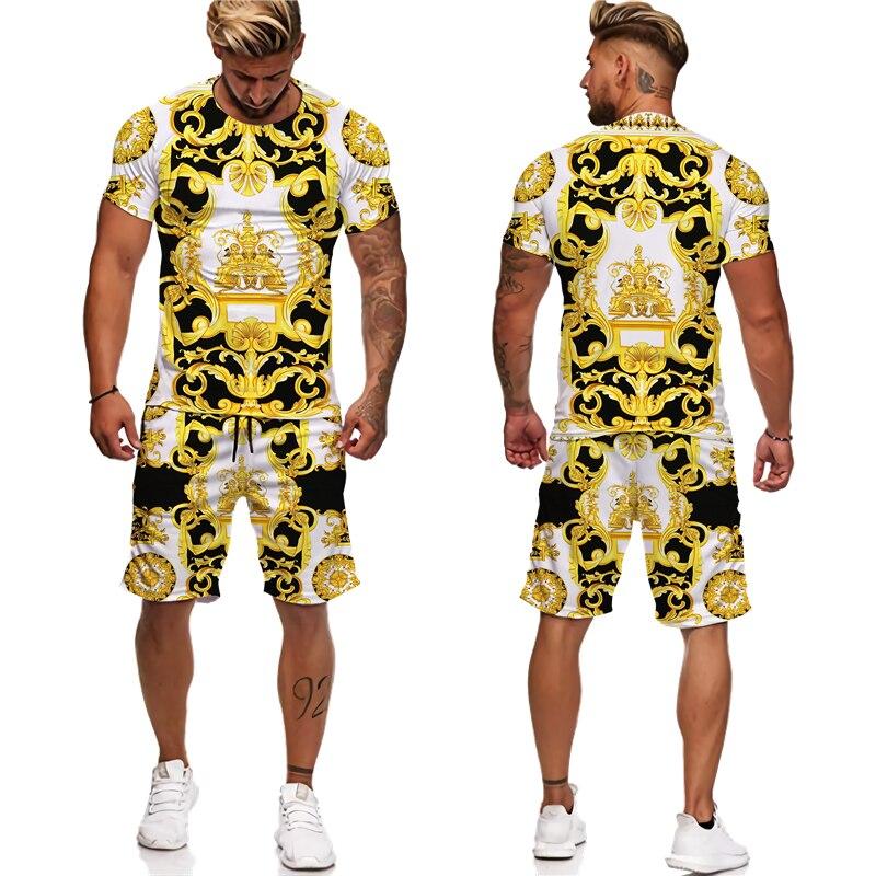Sommer Goldene Muster 3D Gedruckt männer Zwei Stück Set Trainingsanzug Barock Stil T-Shirts + Shorts Anzug Hipster Streetwear Kleidung 6XL von Joom DACH