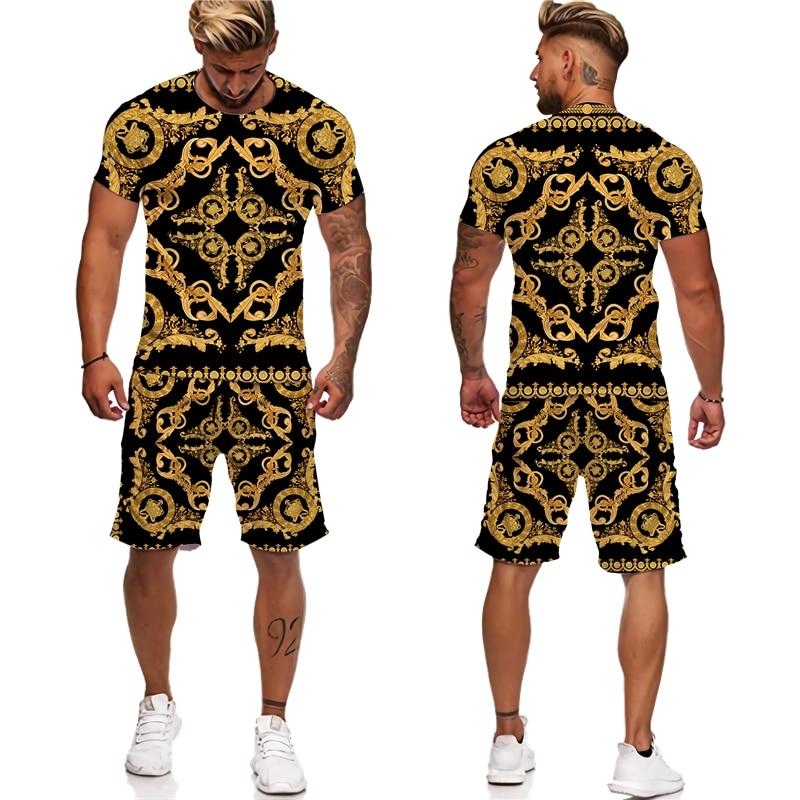 Sommer Goldene Muster 3D Gedruckt männer Zwei Stück Set Trainingsanzug Barock Stil T-Shirts + Shorts Anzug Hipster Streetwear Kleidung S von Joom DACH