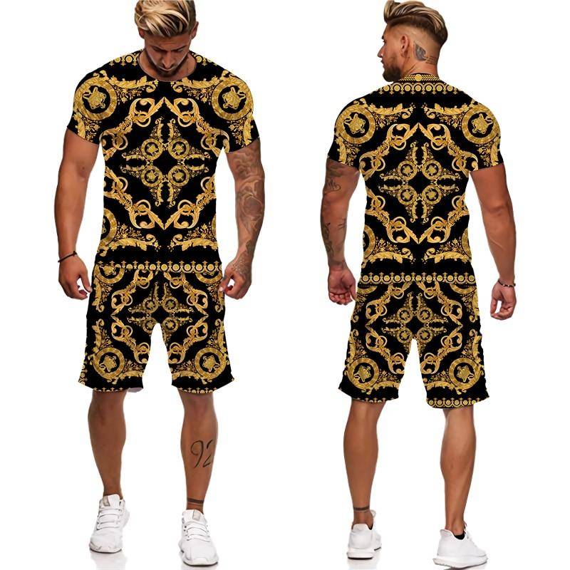 Sommer Goldene Muster 3D Gedruckt männer Zwei Stück Set Trainingsanzug Barock Stil T-Shirts + Shorts Anzug Hipster Streetwear Kleidung S von Joom DACH