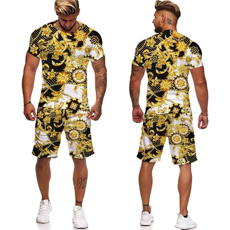 Sommer Goldene Muster 3D Gedruckt männer Zwei Stück Set Trainingsanzug Barock Stil T-Shirts + Shorts Anzug Hipster Streetwear Kleidung S von Joom DACH