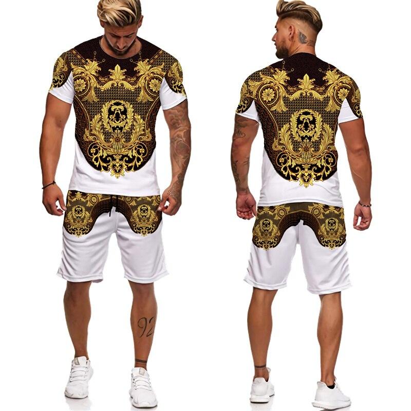 Sommer Goldene Muster 3D Gedruckt männer Zwei Stück Set Trainingsanzug Barock Stil T-Shirts + Shorts Anzug Hipster Streetwear Kleidung XL von Joom DACH