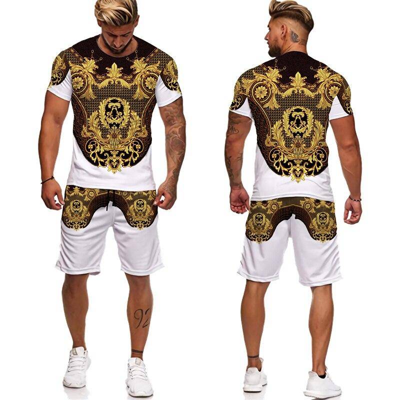 Sommer Goldene Muster 3D Gedruckt männer Zwei Stück Set Trainingsanzug Barock Stil T-Shirts + Shorts Anzug Hipster Streetwear Kleidung XL von Joom DACH