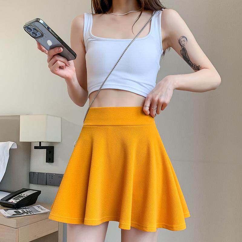 Sommer-Grundröcke für Damen, Shorts, Mini-elastische Faltenröcke, hohe Taille, Blasen-Sonnenröcke, Schulmädchen-Uniform, gefütterte Sicherheitshose L gelb von Joom DACH