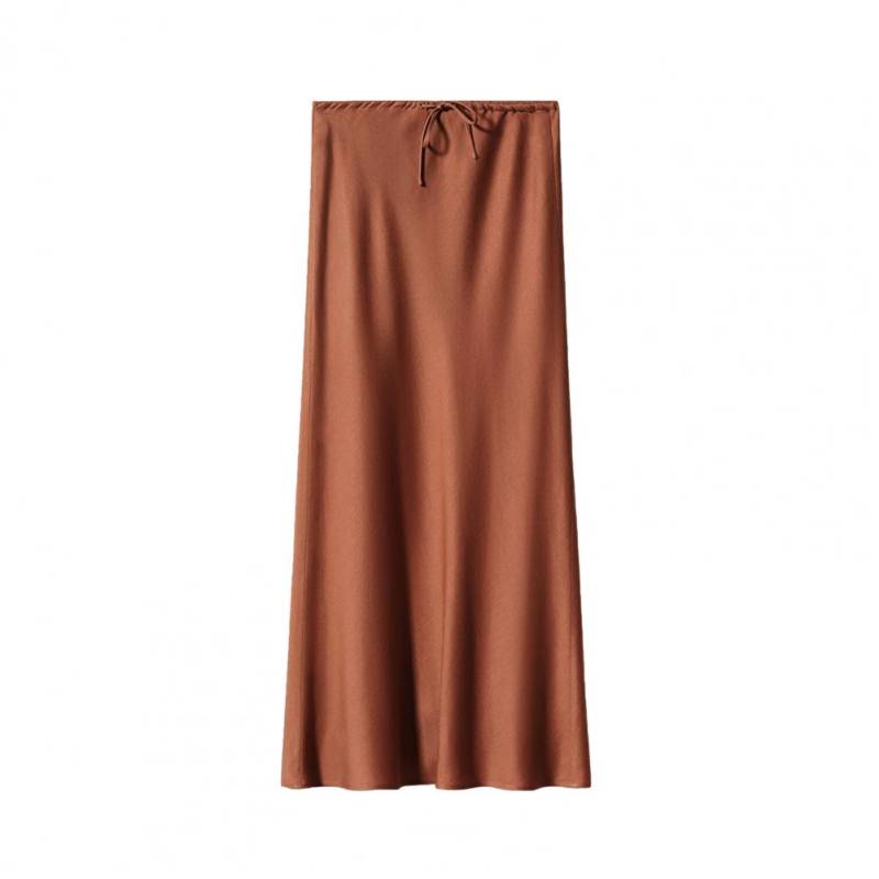 Sommer Herbst Damen Kordelzug Hüfte Etuikleid Elegante Seide Satin Hohe Taille Bodenlangen Rock Elastische Knöchel Länge Linie A M braun von Joom DACH