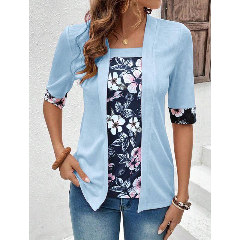 Sommer Herbst Damen T-Shirts Fake Zweiteiler Fünfviertelärmel Bedrucktes Damen Top Vintage T-Shirt XL blau von Joom DACH