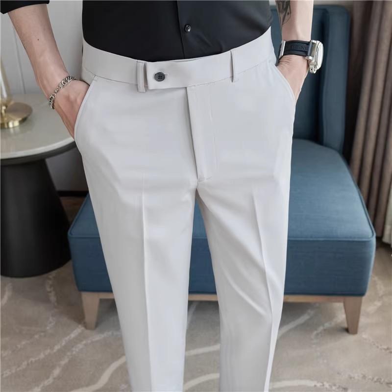 Sommer Herren Anzughose Einfarbig Korean Slim Smart Casual Knöchellange Hose Männer Hochzeitskleid Büro Anzughose Mann 28 beige von Joom DACH