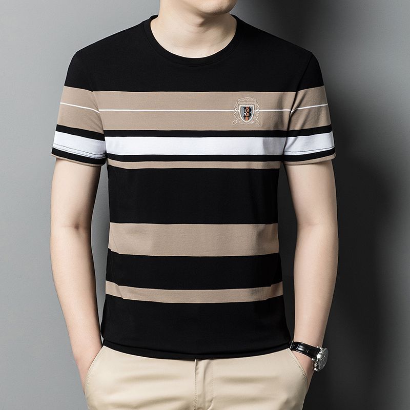 Sommer Herren Gestreift Kurzarm T-Shirt Dünn Rundhals Gerade Typ Jugend Jugend Beliebt XXXL von Joom DACH