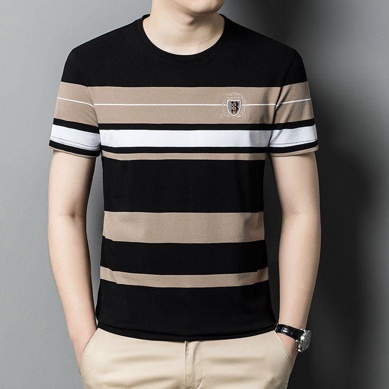 Sommer Herren Gestreift Kurzarm T-Shirt Dünn Rundhals Gerade Typ Jugend Jugend Beliebt XXXL von Joom DACH