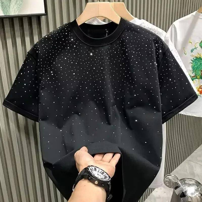 Sommer Herren Kleidung Sommer Strass Nieten T-Shirt Rundhals Casual T-Shirt Koreanische Version Herren Kurzarm T-Shirt XL schwarz von Joom DACH