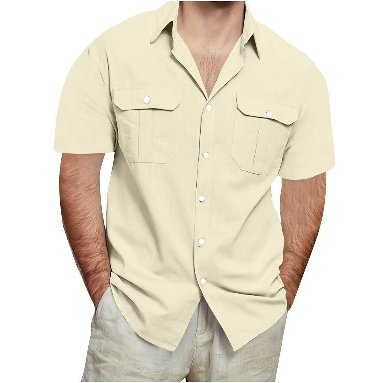 Sommer Herren Kurzarm Doppelpattentaschen Hemden Einfarbig Locker Lässiges Hemd Herren 2XL apricot von Joom DACH