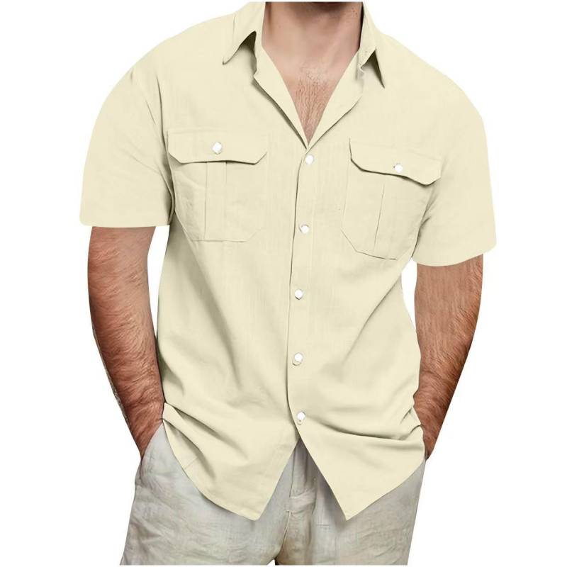 Sommer Herren Kurzarm Doppelpattentaschen Hemden Einfarbig Locker Lässiges Hemd Herren 3XL apricot von Joom DACH
