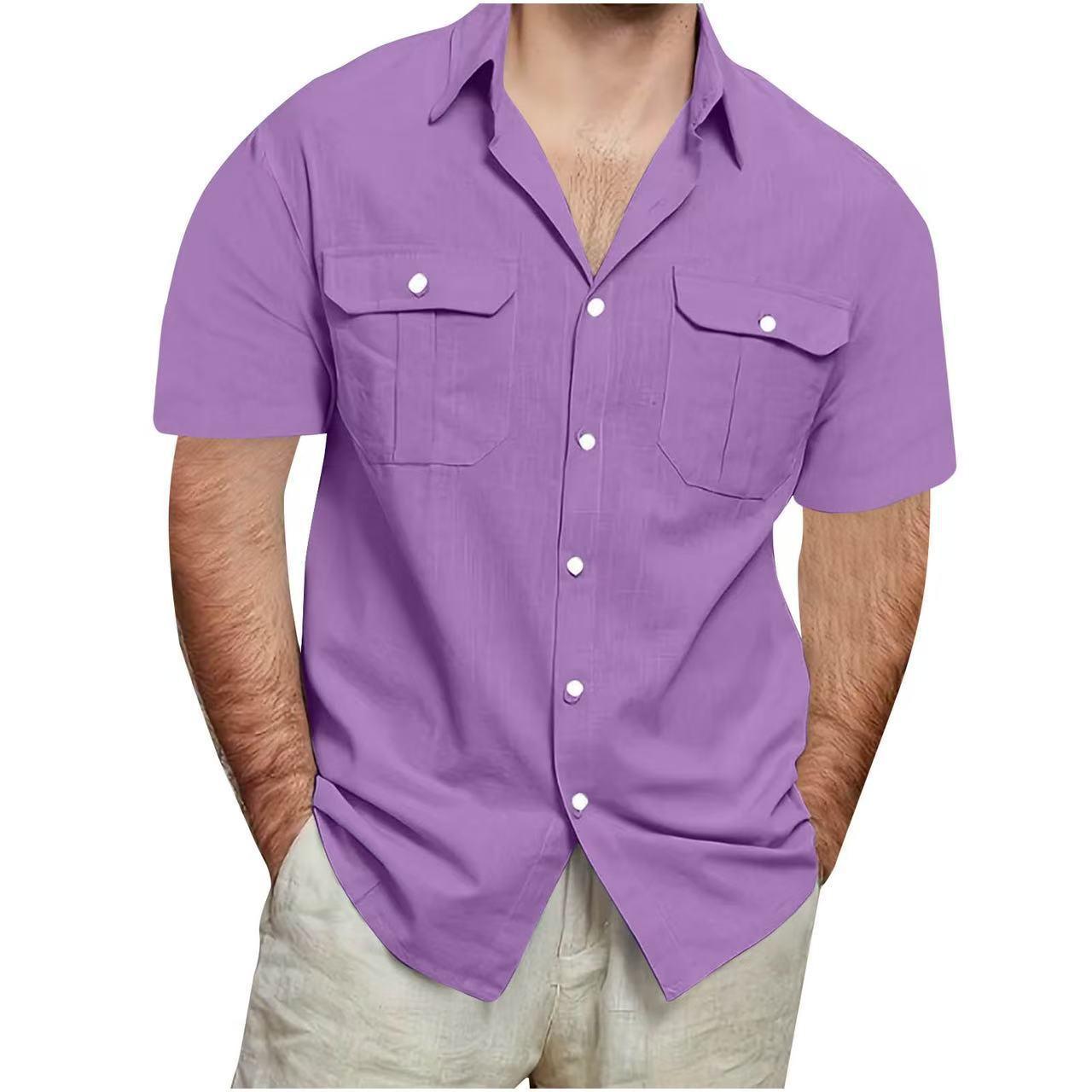 Sommer Herren Kurzarm Doppelpattentaschen Hemden Einfarbig Locker Lässiges Hemd Herren 3XL violett von Joom DACH