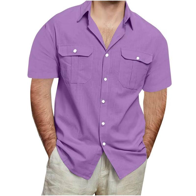 Sommer Herren Kurzarm Doppelpattentaschen Hemden Einfarbig Locker Lässiges Hemd Herren 3XL violett von Joom DACH