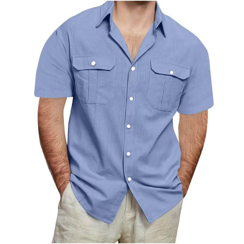 Sommer Herren Kurzarm Doppelpattentaschen Hemden Einfarbig Locker Lässiges Hemd Herren 4XL blau von Joom DACH
