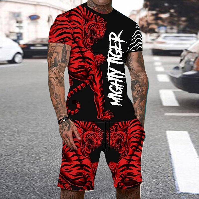 Sommer Herren O-Ausschnitt Kurzarm Shorts Set 3D Tiger Bedrucktes Casual T-Shirt Cooles personalisiertes Streetwear Set Herren Sportbekleidung XL von Joom DACH