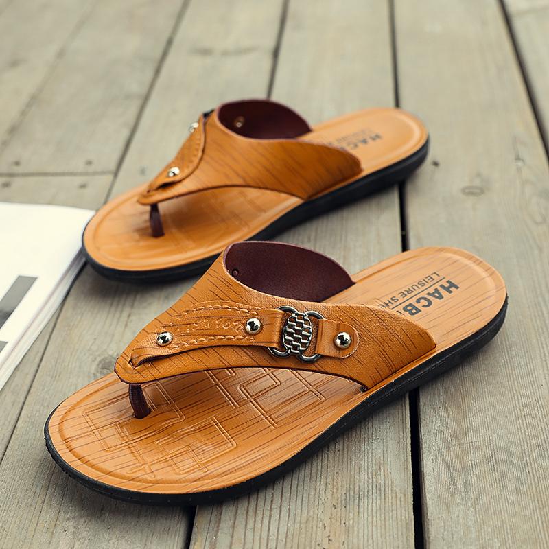 Sommer-Herrensandalen, Gartenschuhe, lässige Strandsandalen und Hausschuhe, Herren-Flip-Flop-Ledersandalen 44 gelb von Joom DACH