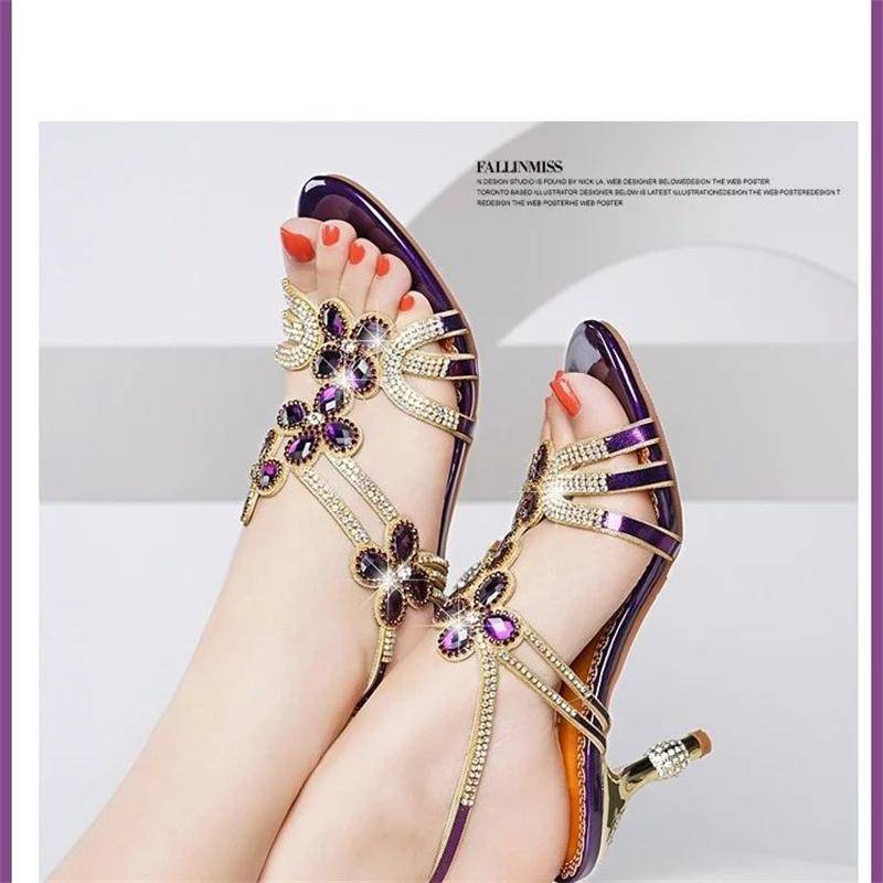 Sommer High Heel Sandalen Damen Neu Böhmisch Diamantbesetzte Schnalle Stiletto Schuhe Elegant Mode Römische Strandschuhe 35 violett von Joom DACH