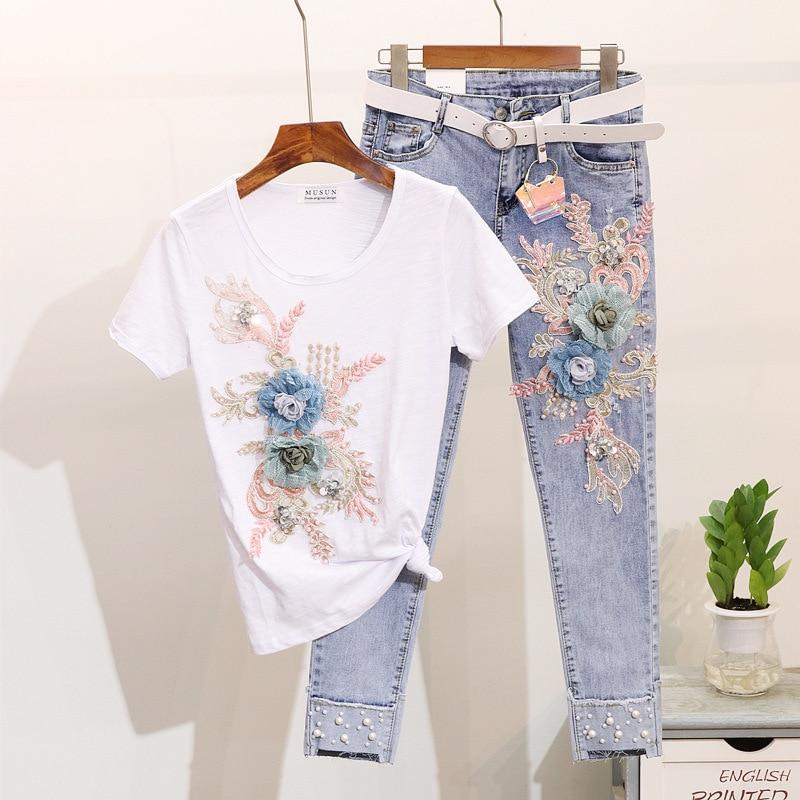 Sommer-Jeanshose, zweiteiliges Set für Damen, schwere Arbeit, Stickerei, 3D-Blumen-T-Shirts + Perlenjeans, 2-teiliger lässiger langer Hosenanzug L weiß von Joom DACH