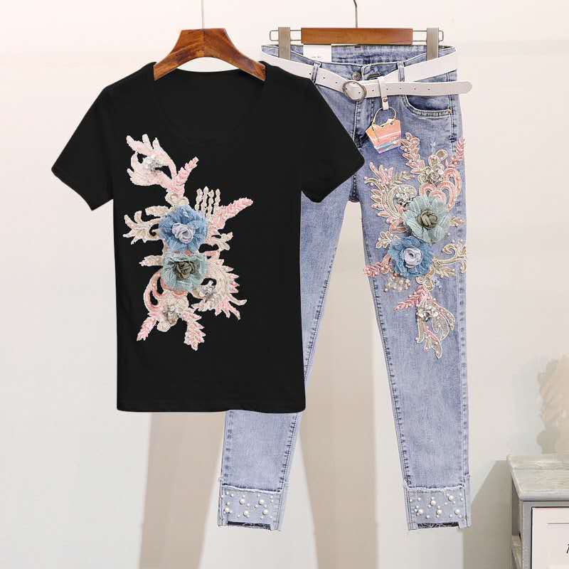 Sommer-Jeanshose, zweiteiliges Set für Damen, schwere Arbeit, Stickerei, 3D-Blumen-T-Shirts + Perlenjeans, 2-teiliger lässiger langer Hosenanzug XXXL schwarz von Joom DACH