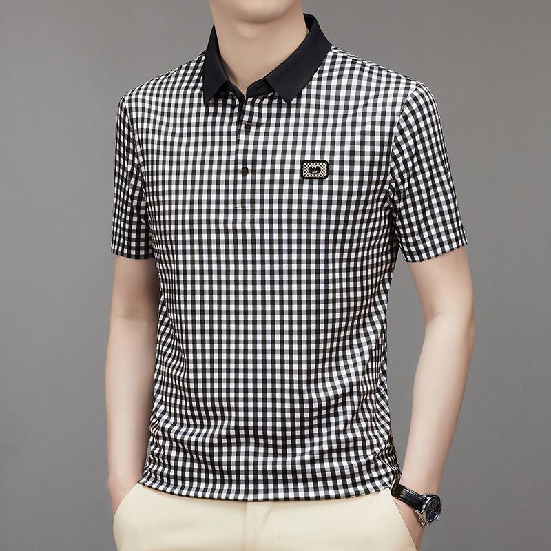 Sommer Kariertes Poloshirt Herren Nahtlos Kurzärmelig Business Mittelalterlich Freizeit Revers T-Shirt M von Joom DACH