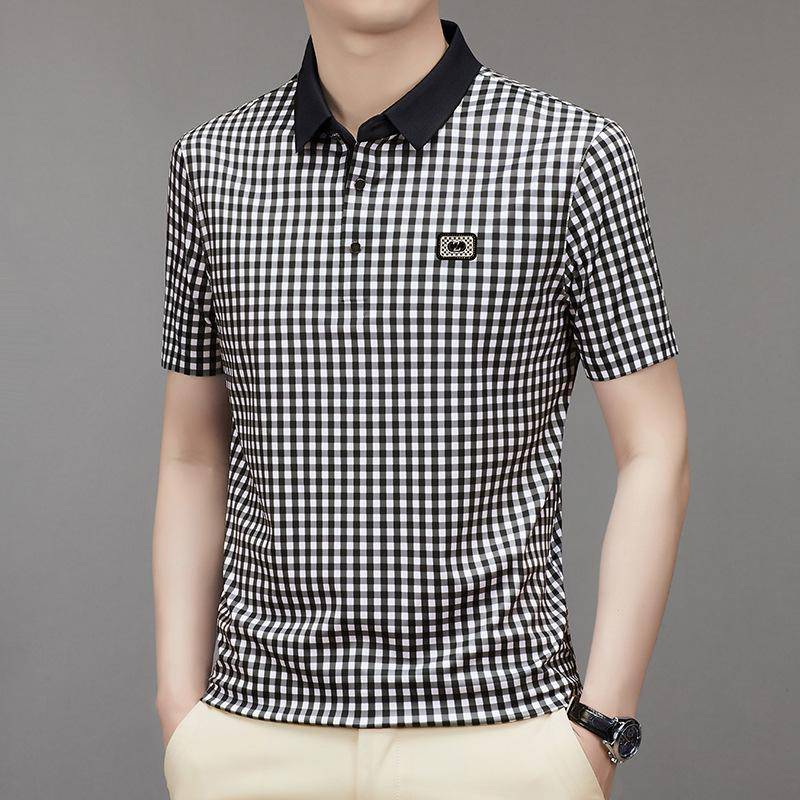 Sommer Kariertes Poloshirt Herren Nahtlos Kurzärmelig Business Mittelalterlich Freizeit Revers T-Shirt M von Joom DACH
