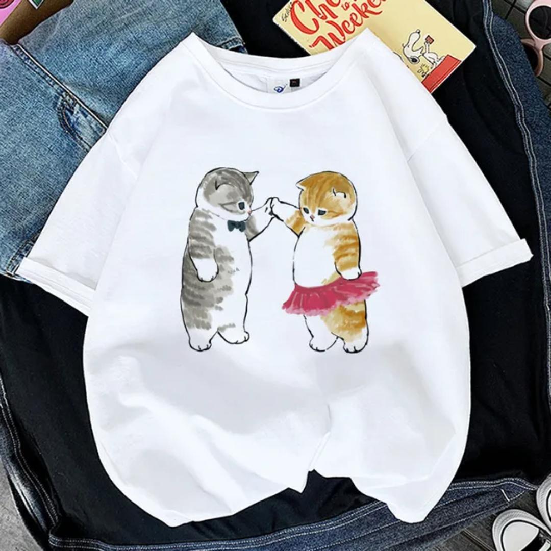 Sommer Kawaii Katze Frauen Druck Lustige Übergroße T-shirt Mädchen Tier Y2K Mode 3D Druck Tops T Gril Schwarz Weiß Kleidung 6XL von Joom DACH