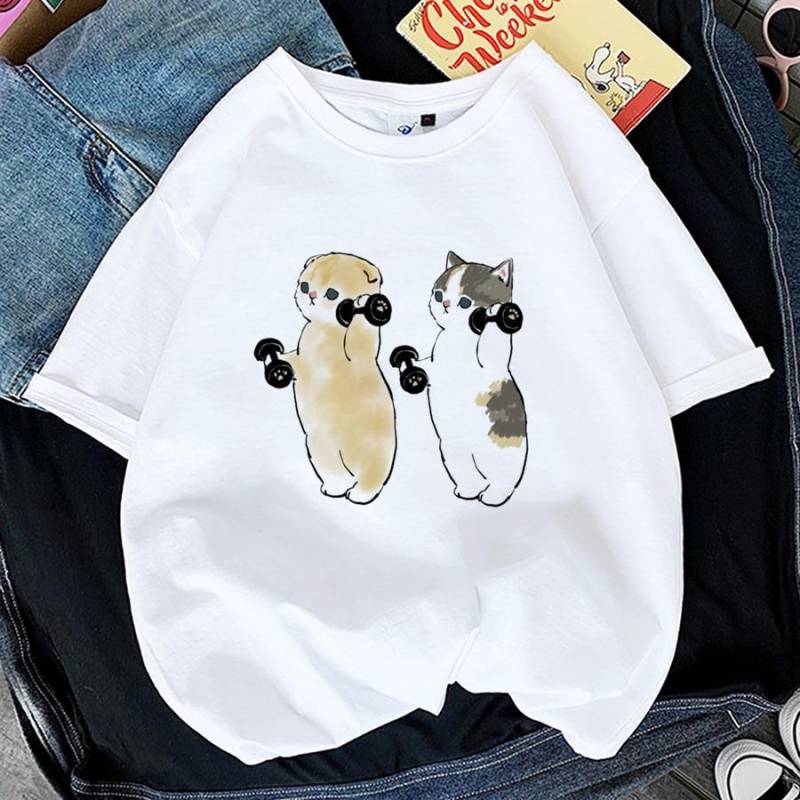 Sommer Kawaii Katze Frauen Druck Lustige Übergroße T-shirt Mädchen Tier Y2K Mode 3D Druck Tops T Gril Schwarz Weiß Kleidung S von Joom DACH